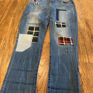 Seven7 Women's Straight Leg Jeans with Patchwork - Blue and Multicolor